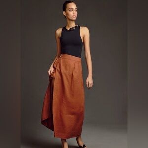 Anthropologie Linen wrap Maxi Skirt in chic cedar brown.